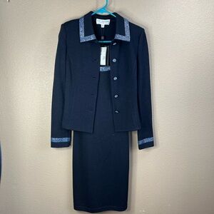 St. Johns Evening Navy Blue Knit Suit with Swarovski Crystal Trim NWT